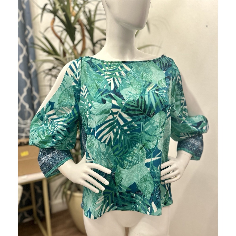 Laundry Shelli Segal Blouse Top Women Size M Tropical Green Open Arm Bell Sleeve